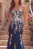 Vestido longo de baile floral de sereia azul-marinho com apliques