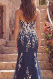 Vestido longo de baile floral de sereia azul-marinho com apliques