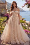 Vestido longo de baile de finalistas com espartilho A-Line Champanhe e ombro caído