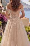 Vestido longo de baile de finalistas com espartilho A-Line Champanhe e ombro caído