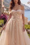 Vestido longo de baile de finalistas com espartilho A-Line Champanhe e ombro caído