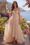 Vestido de Baile Espartilho Champanhe Linha A Ombro Descoberto Longo com Aplicações