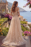 Vestido de Baile Espartilho Champanhe Linha A Ombro Descoberto Longo com Aplicações