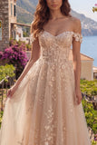 Vestido de Baile Espartilho Champanhe Linha A Ombro Descoberto Longo com Aplicações