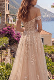Vestido de Baile Espartilho Champanhe Linha A Ombro Descoberto Longo com Aplicações