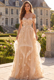 Vestido Longo de Baile Folhos Espartilho Floral Linha-A Champanhe