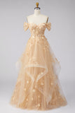 Vestido Longo de Baile Folhos Espartilho Floral Linha-A Champanhe