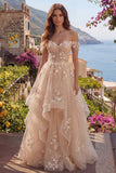 Zapaka Mulheres Vestido de Baile Longo Ombros à Vista Folhos Champanhe