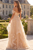 Vestido Longo de Baile Folhos Espartilho Floral Linha-A Champanhe