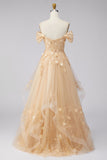 Vestido Longo de Baile Folhos Espartilho Floral Linha-A Champanhe