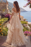 Vestido Longo de Baile Folhos Espartilho Floral Linha-A Champanhe
