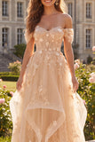 Vestido Longo de Baile Folhos Espartilho Floral Linha-A Champanhe
