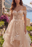 Vestido Longo de Baile Folhos Espartilho Floral Linha-A Champanhe
