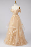 Vestido Longo de Baile Folhos Espartilho Floral Linha-A Champanhe