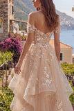 Vestido Longo de Baile Folhos Espartilho Floral Linha-A Champanhe