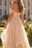 Vestido Longo de Baile Folhos Espartilho Floral Linha-A Champanhe