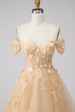 Vestido Longo de Baile Folhos Espartilho Floral Linha-A Champanhe