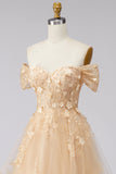 Vestido Longo de Baile Folhos Espartilho Floral Linha-A Champanhe