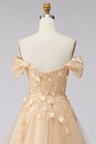 Vestido Longo de Baile Folhos Espartilho Floral Linha-A Champanhe