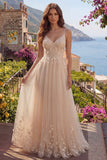 Vestido longo floral em tule A-Line Champanhe com Aplicações