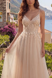 Vestido longo floral em tule A-Line Champanhe com Aplicações