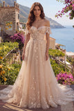 Vestido longo de baile em tule A-Line Champanhe Ombro Descoberto