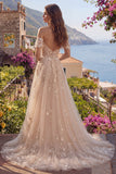 Vestido longo de baile em tule A-Line Champanhe Ombro Descoberto