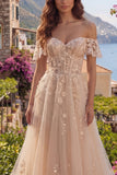 Vestido longo de baile em tule A-Line Champanhe Ombro Descoberto