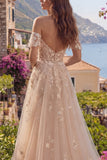 Vestido longo de baile em tule A-Line Champanhe Ombro Descoberto