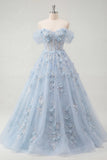 Vestido de Baile Longo Azul A-Line Espartilho com Missangas e Flores 3D Aplicadas
