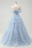 Vestido de Baile Longo Azul A-Line Espartilho com Missangas e Flores 3D Aplicadas