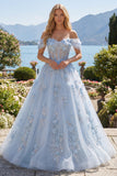Vestido de Baile Longo Azul A-Line Espartilho com Missangas e Flores 3D Aplicadas