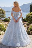 Vestido de Baile Longo Azul A-Line Espartilho com Missangas e Flores 3D Aplicadas