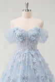 Vestido de Baile Longo Azul A-Line Espartilho com Missangas e Flores 3D Aplicadas