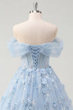 Vestido de Baile Longo Azul A-Line Espartilho com Missangas e Flores 3D Aplicadas