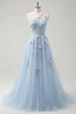 Vestido de Baile Longo Azul Espartilho A-Line com Um Ombro e Misangas