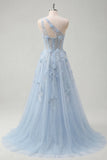 Vestido de Baile Longo Azul Espartilho A-Line com Um Ombro e Misangas