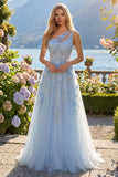 Vestido de Baile Longo Azul Espartilho A-Line com Um Ombro e Misangas