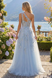 Vestido de Baile Longo Azul Espartilho A-Line com Um Ombro e Misangas
