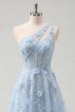 Vestido de Baile Longo Azul Espartilho A-Line com Um Ombro e Misangas