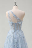 Vestido de Baile Longo Azul Espartilho A-Line com Um Ombro e Misangas