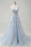 Vestido de baile Azul A-Line e decote em V com abertura