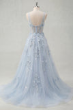 Vestido de baile Azul A-Line e decote em V com abertura
