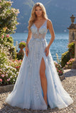 Vestido de baile Azul A-Line e decote em V com abertura