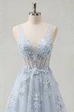 Vestido de baile Azul A-Line e decote em V com abertura