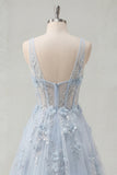 Vestido de baile Azul A-Line e decote em V com abertura