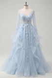 Vestido de Baile de Espartilho de Mangas Longas A-Line Azul e Flores 3D Aplicadas