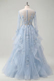 Vestido de Baile de Espartilho de Mangas Longas A-Line Azul e Flores 3D Aplicadas