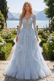 Vestido de Baile de Espartilho de Mangas Longas A-Line Azul e Flores 3D Aplicadas