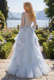 Vestido de Baile de Espartilho de Mangas Longas A-Line Azul e Flores 3D Aplicadas